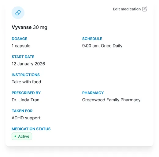 Medication detail — Vyvanse 30mg, prescribed by Dr Linda Tran