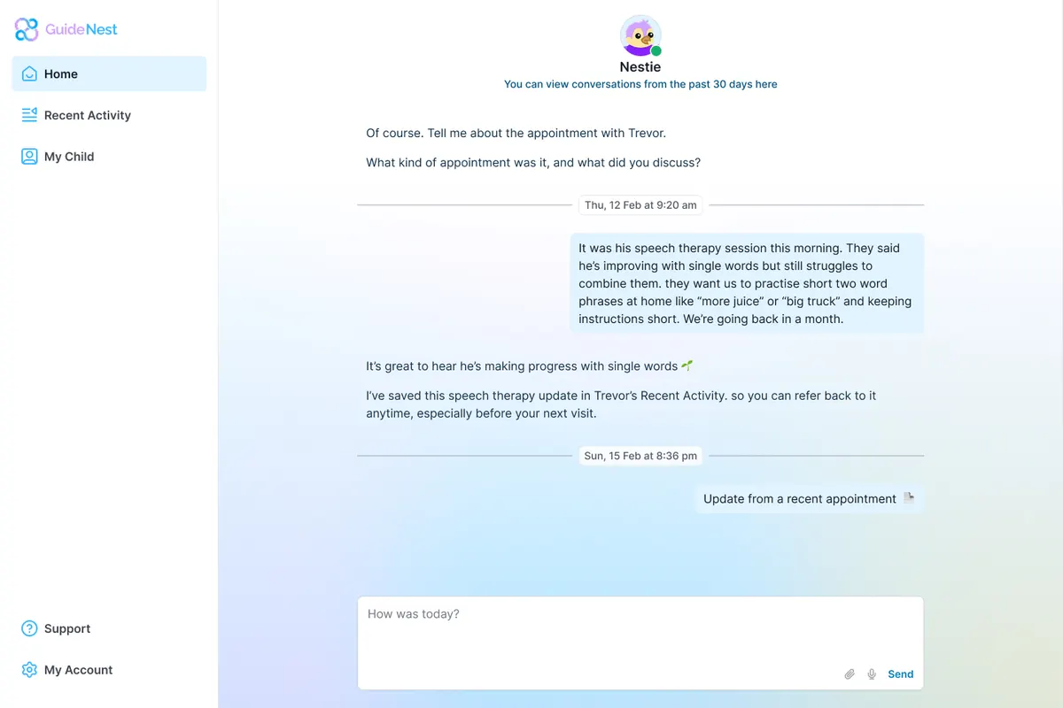Nestie chat — a speech therapy update saved to Recent Activity