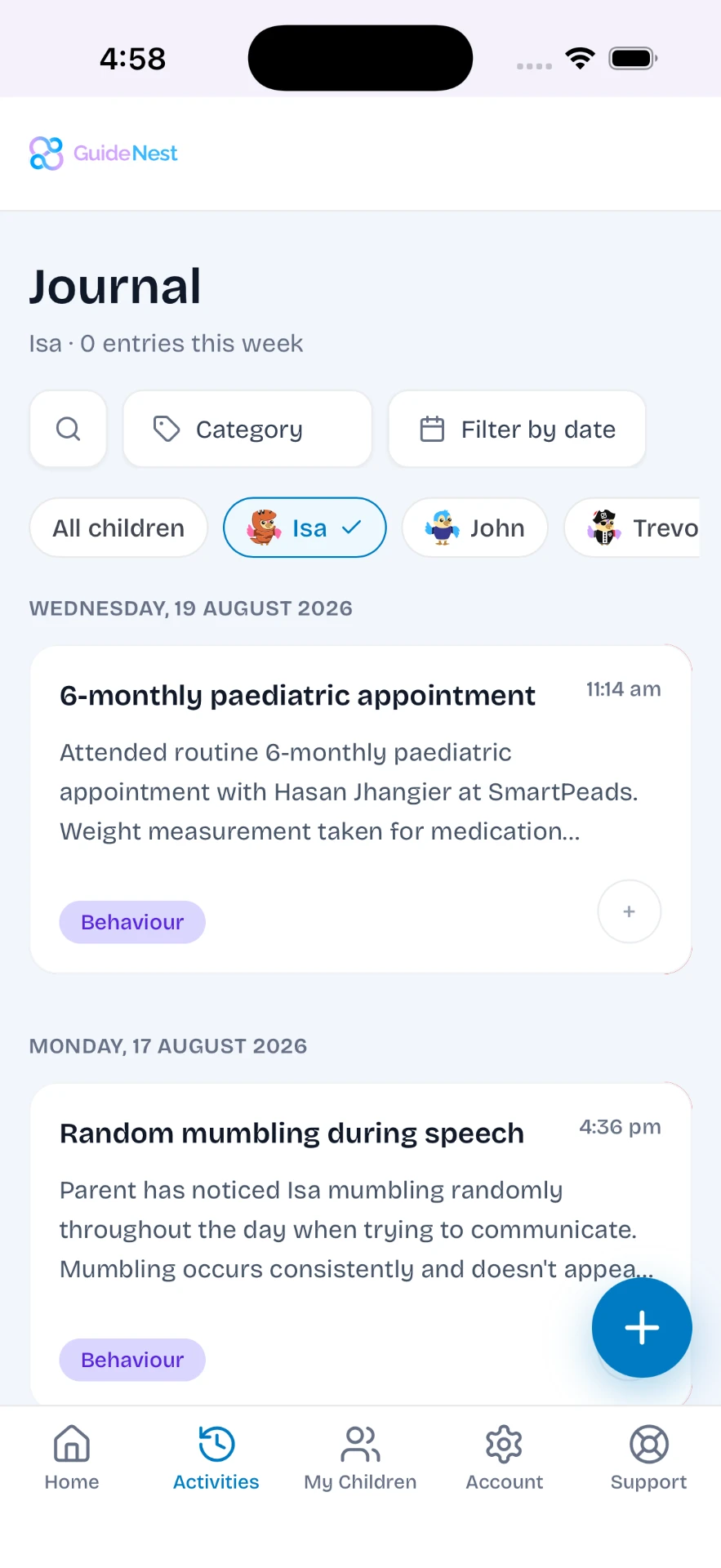 GuideNest journal — dated entries tagged by category for each child