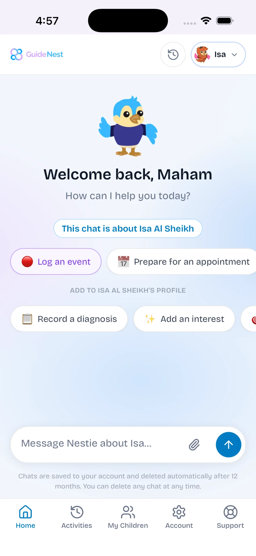 GuideNest home screen — log an event or prepare for an appointment with Nestie