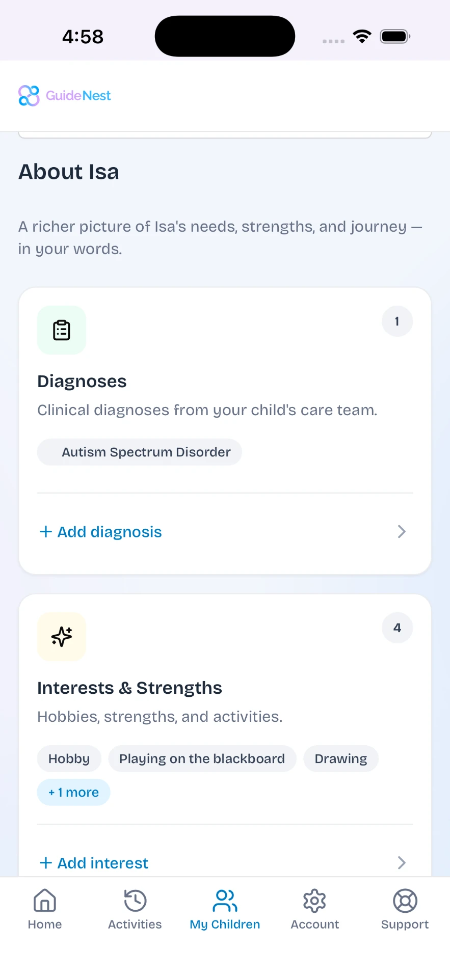 GuideNest child profile — diagnoses, interests and strengths