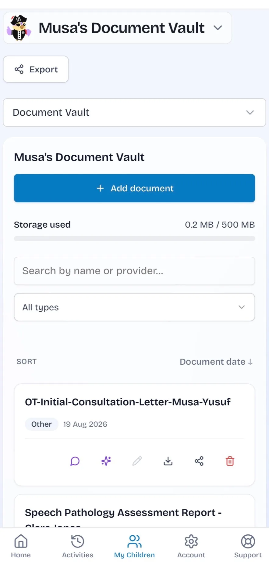 GuideNest document vault — assessments and letters stored, searchable and shareable